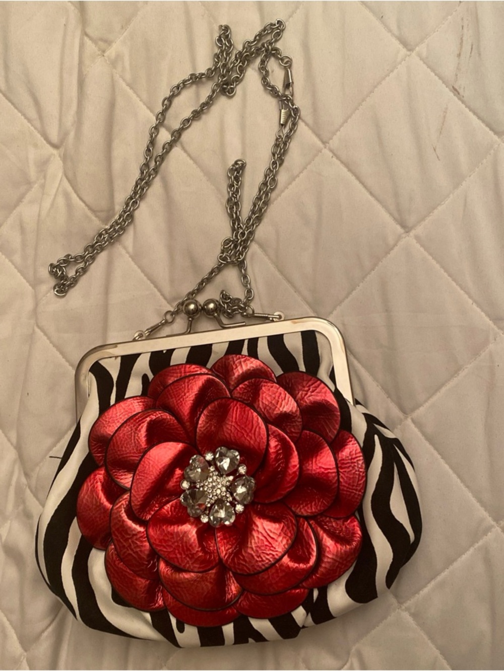 Vintage Red Floral Zebra-Print Wristlet Clutch with Chain Strap